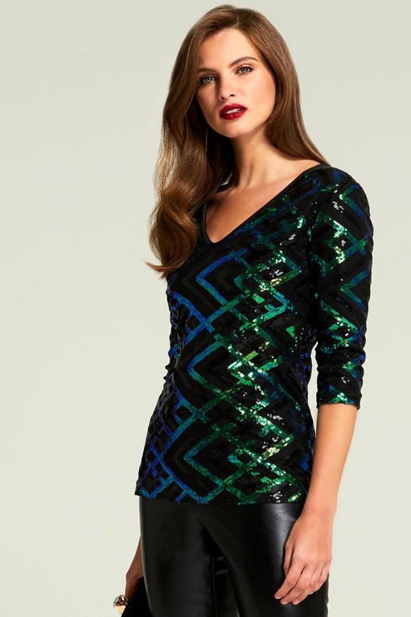 hot squash Sequin V Neck Top Green Zig-Zag