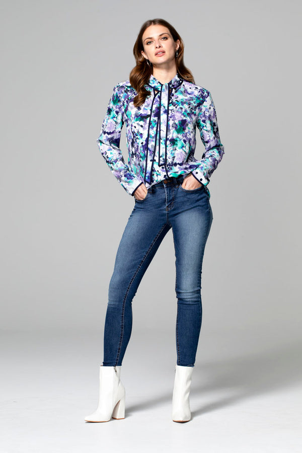 Hot Squash Tie Neck Crepe Blouse Navy