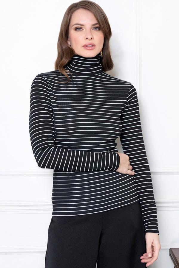 Hot Squash Turtle Neck Top Black / White Stripes