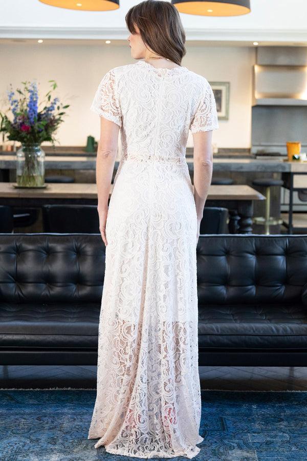 Hot Squash V Neck Lace Maxi Dress Cream / Beige