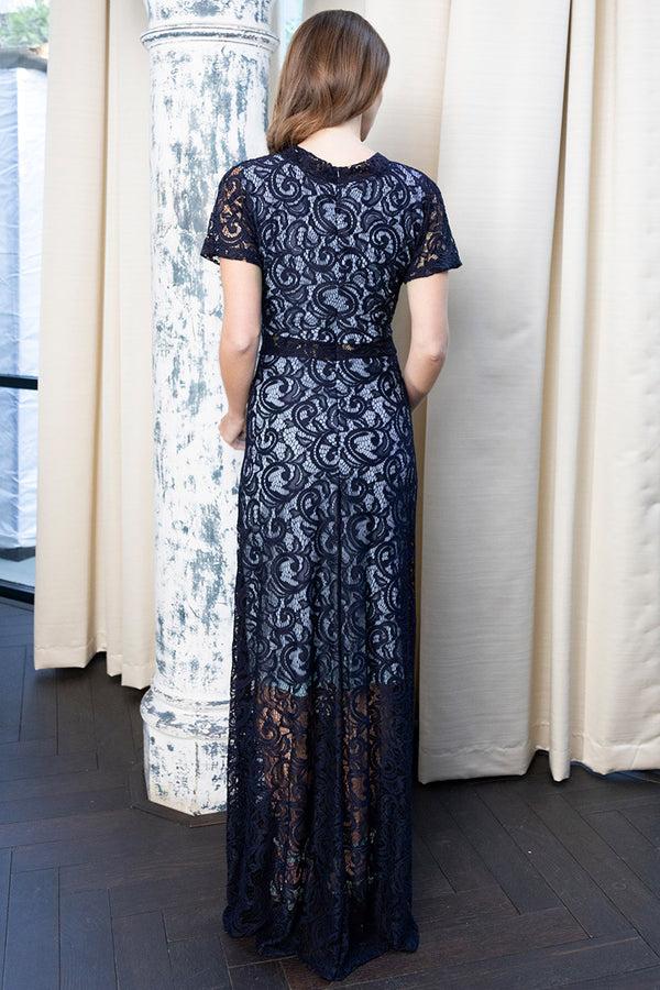 Hot Squash V Neck Lace Maxi Dress Navy / Woodblue