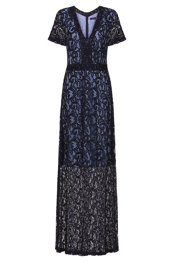 Hot Squash V Neck Lace Maxi Dress Navy / Woodblue