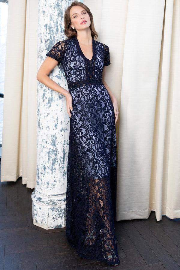 hot squash V Neck Lace Maxi Dress Navy / Woodblue