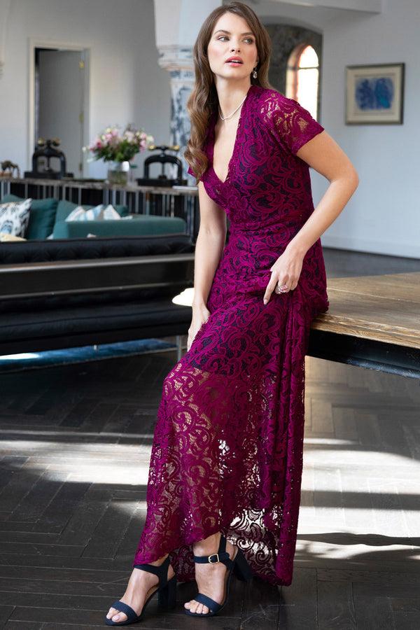 Hot Squash V Neck Lace Maxi Dress Violet / Navy