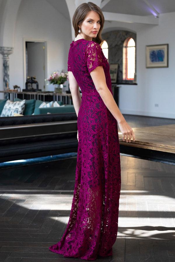 Hot Squash V Neck Lace Maxi Dress Violet / Navy