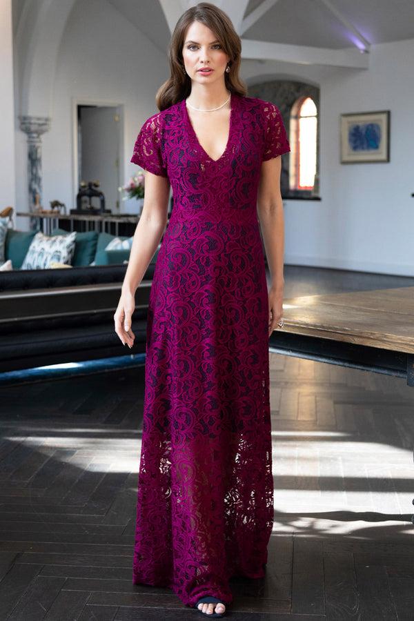 hot squash V Neck Lace Maxi Dress Violet / Navy