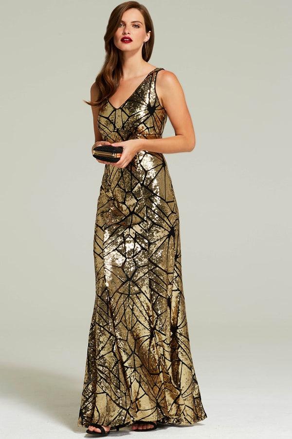 hot squash V Neck Sequin Maxi Dress