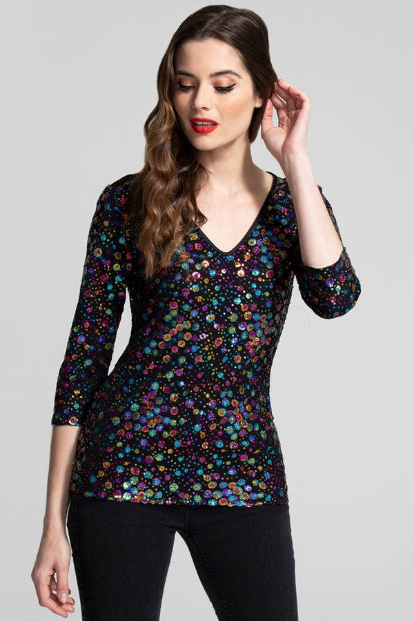 hot squash V Neck Sequin Party Top Colourful Dots