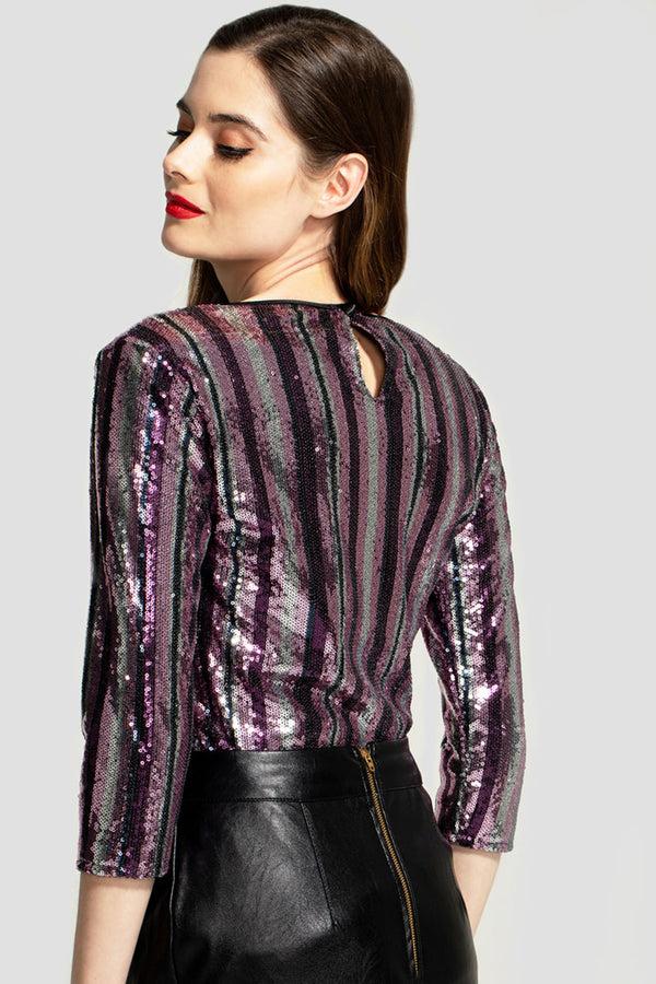 Hot Squash V Neck Sequin Party Top Purple Stripes
