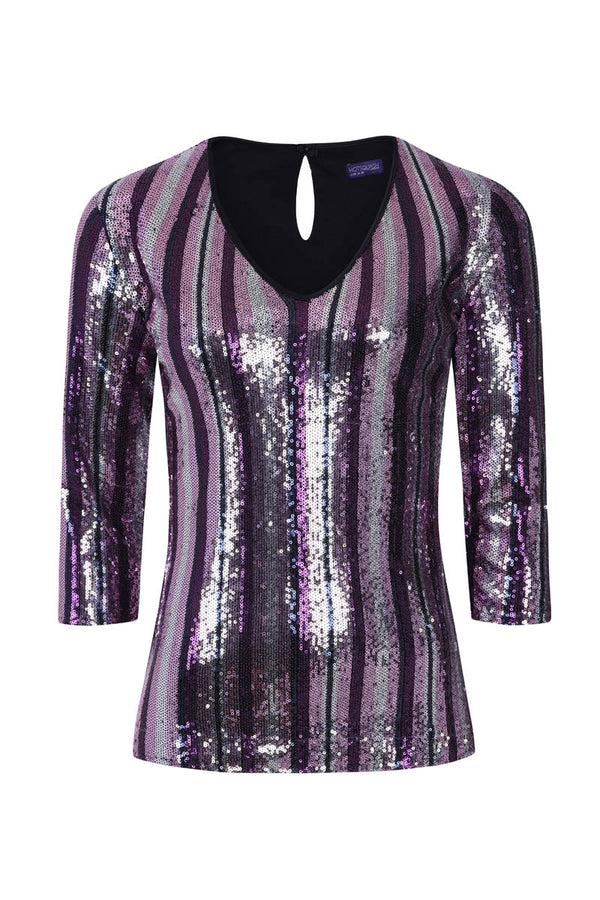 Hot Squash V Neck Sequin Party Top Purple Stripes