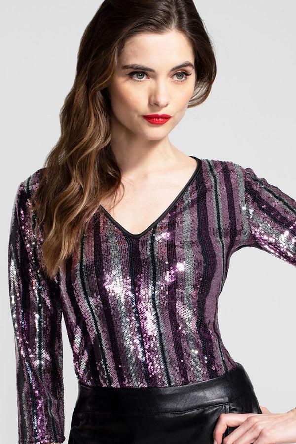 hot squash V Neck Sequin Party Top Purple Stripes