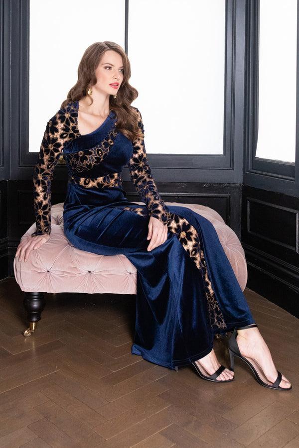 Hot Squash Velvet Embroidered Gown Navy