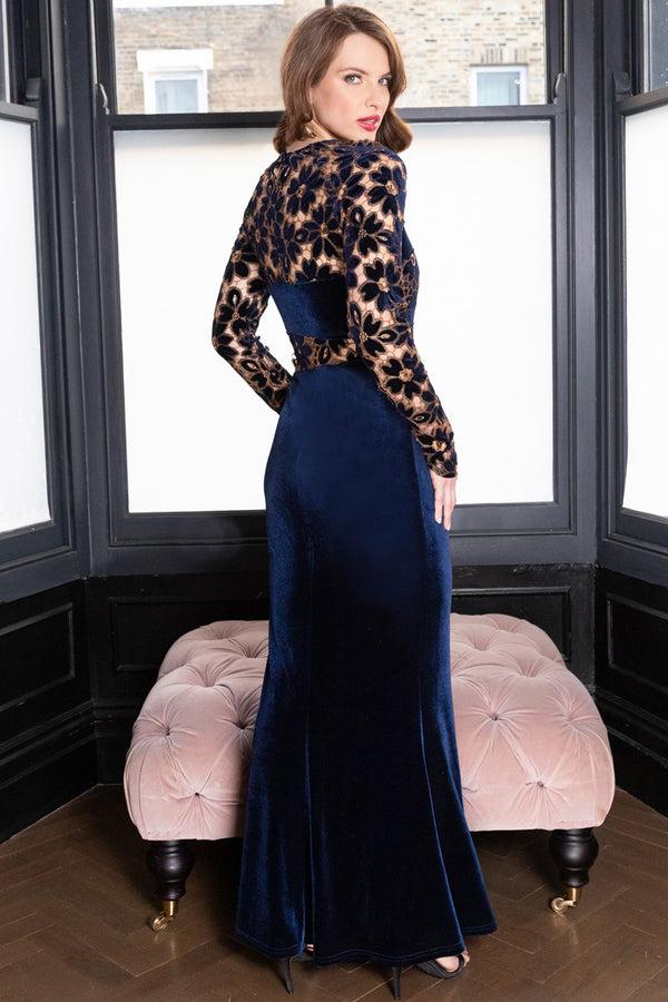 Hot Squash Velvet Embroidered Gown Navy