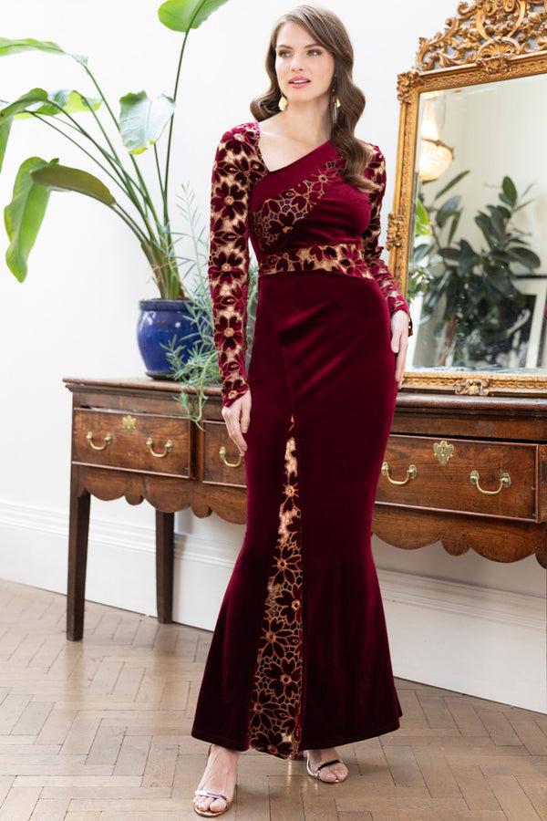 Hot Squash Velvet Embroidered Gown Wine