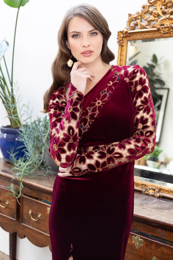 Hot Squash Velvet Embroidered Gown Wine