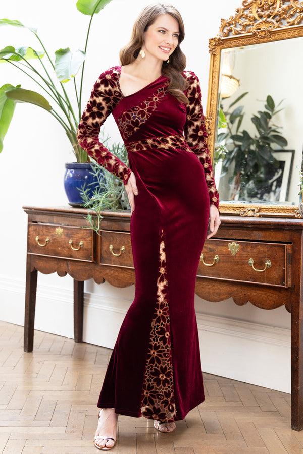 hot squash Velvet Embroidered Gown Wine