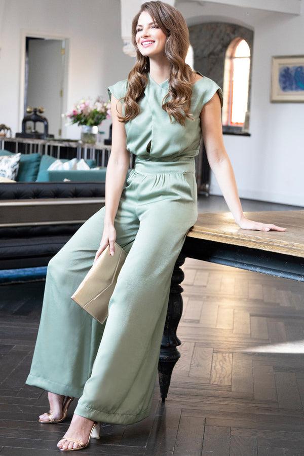 hot squash Velvet Satin Jumpsuit Khaki