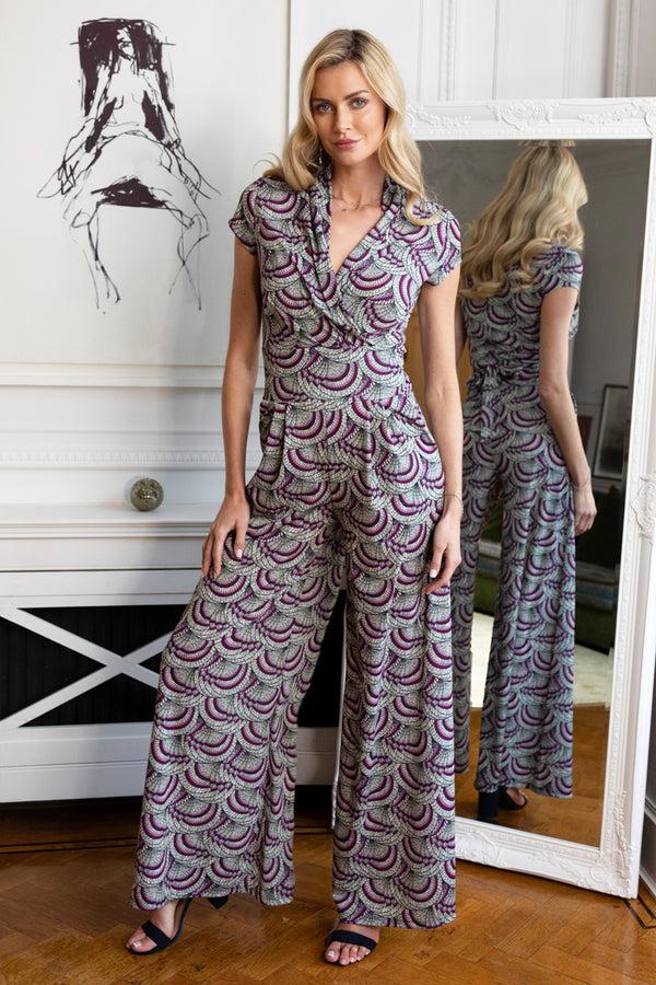 hot squash Wide Leg Jumpsuit Purple Kimono Print