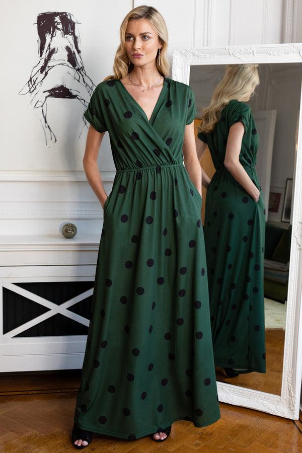 hot squash Jersey Maxi Dress Green/Black Polka Dots