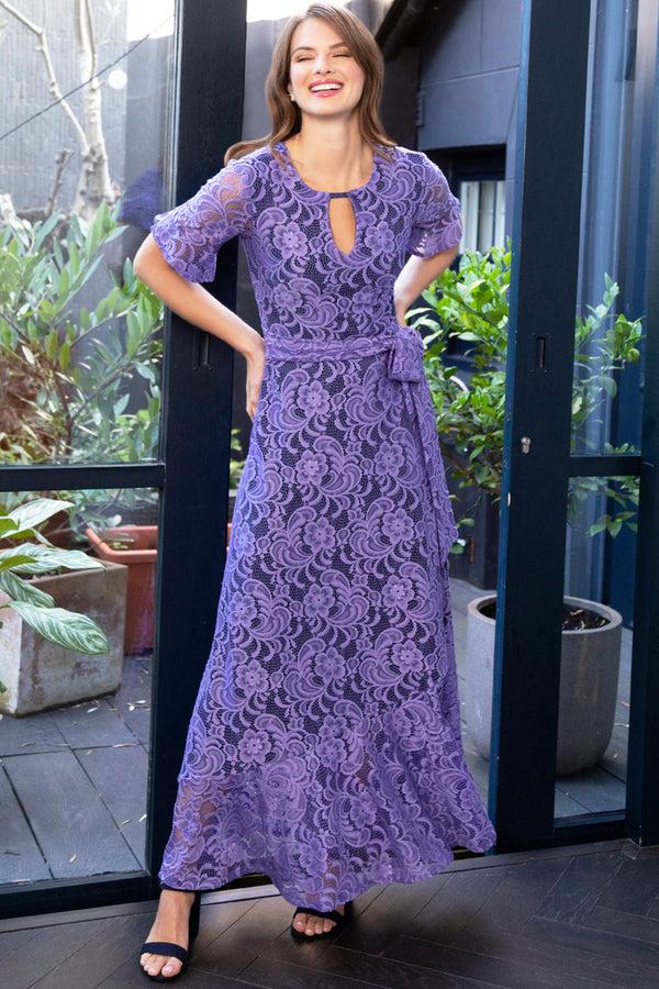 hot squash Keyhole Lace Dress with Asymmetric Hem Lilac / Navy