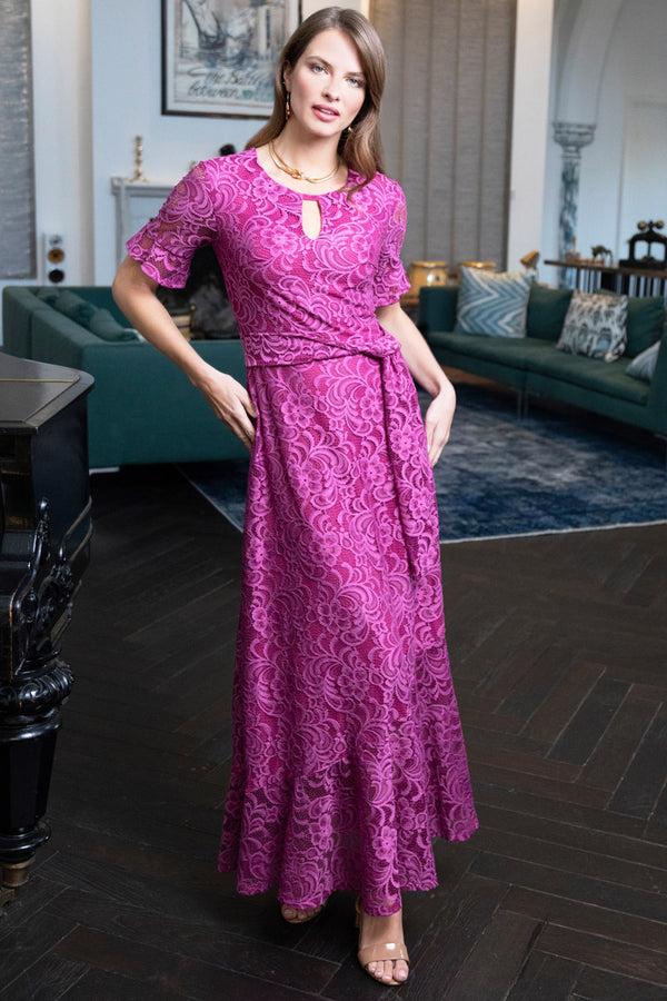 Hot Squash Keyhole Lace Dress With Asymmetric Hem Mauve / Fuchsia