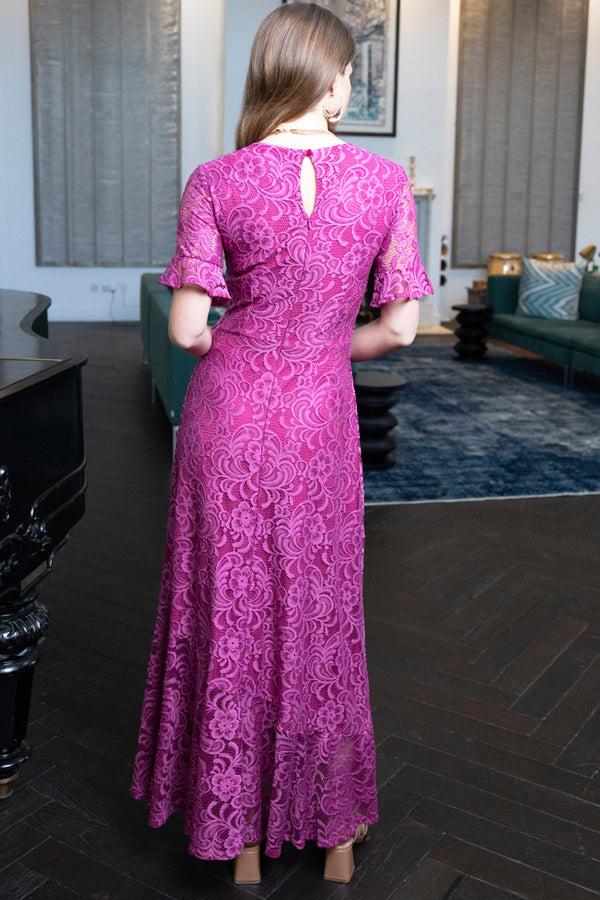 Hot Squash Keyhole Lace Dress With Asymmetric Hem Mauve / Fuchsia