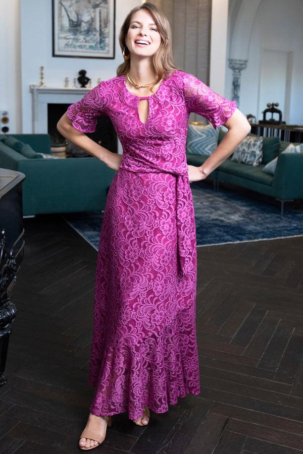 hot squash Keyhole Lace Dress with Asymmetric Hem Mauve / Fuchsia