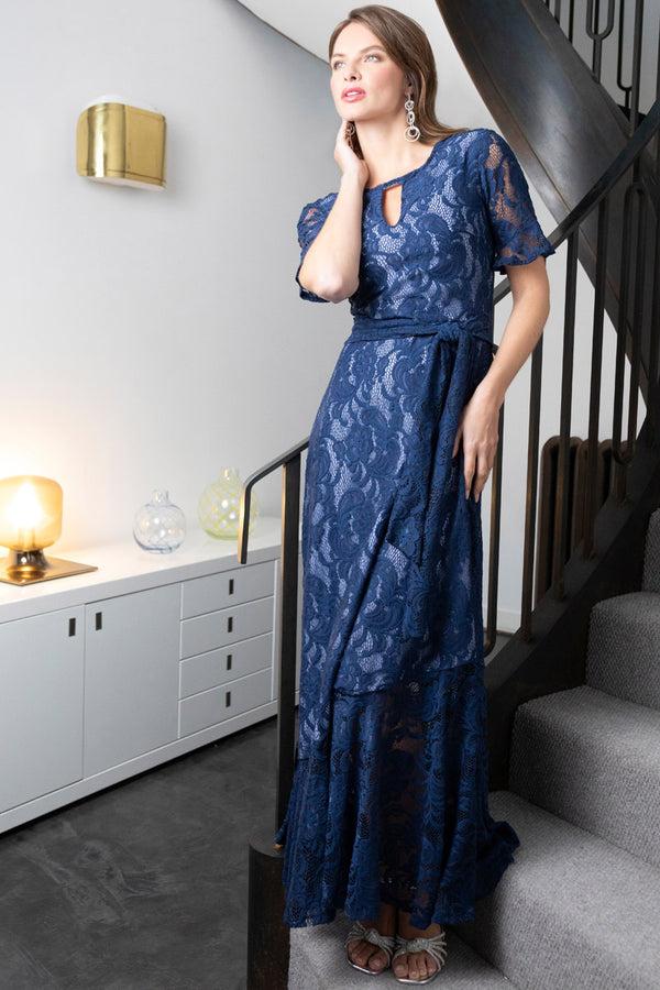 Hot Squash Keyhole Lace Dress With Asymmetric Hem Navy / Woodblue