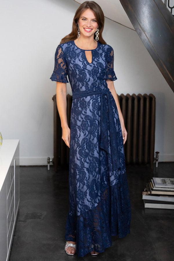 Hot Squash Keyhole Lace Dress With Asymmetric Hem Navy / Woodblue