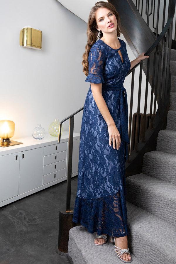 hot squash Keyhole Lace Dress with Asymmetric Hem Navy / Woodblue