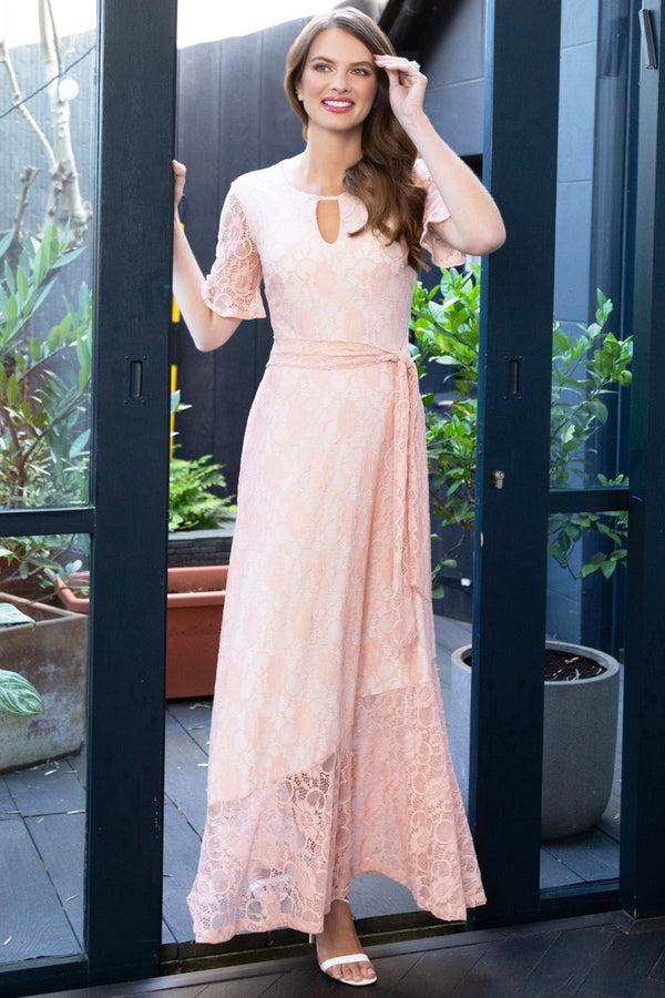 Hot Squash Keyhole Lace Dress With Asymmetric Hem Peach / Beige