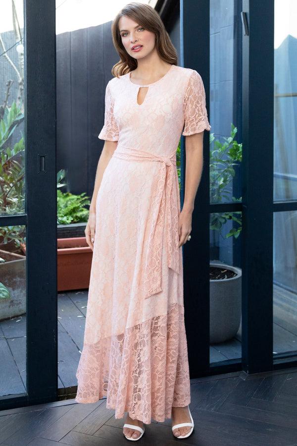 Hot Squash Keyhole Lace Dress With Asymmetric Hem Peach / Beige