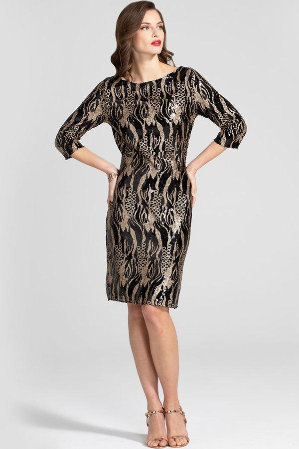 Hot Squash Knee-length Sequin Dress With Sleeves Gold/Black Animal Print