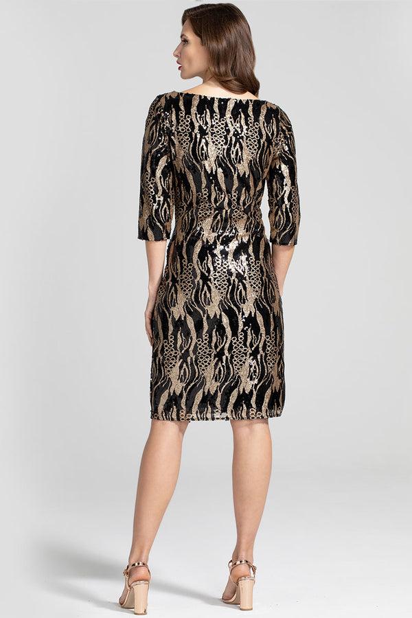 Hot Squash Knee-length Sequin Dress With Sleeves Gold/Black Animal Print