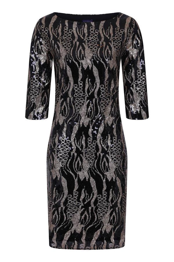 Hot Squash Knee-length Sequin Dress With Sleeves Gold/Black Animal Print