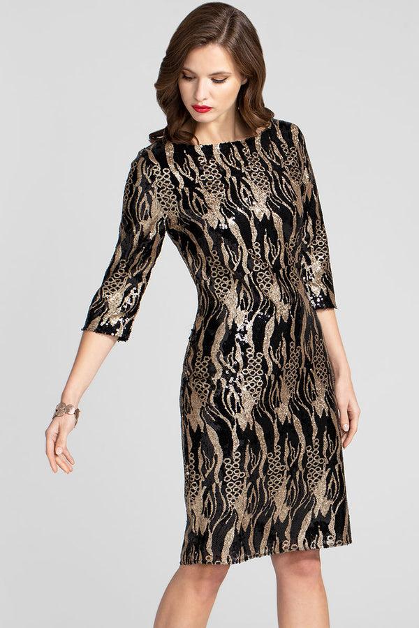 hot squash Knee-length Sequin Dress with Sleeves Gold/Black Animal Print