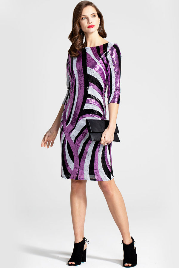 Hot Squash Knee-length Sequin Dress With Sleeves Pink Swirls