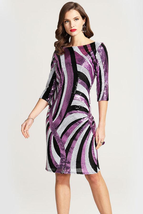 hot squash Knee-length Sequin Dress with Sleeves Pink Swirls