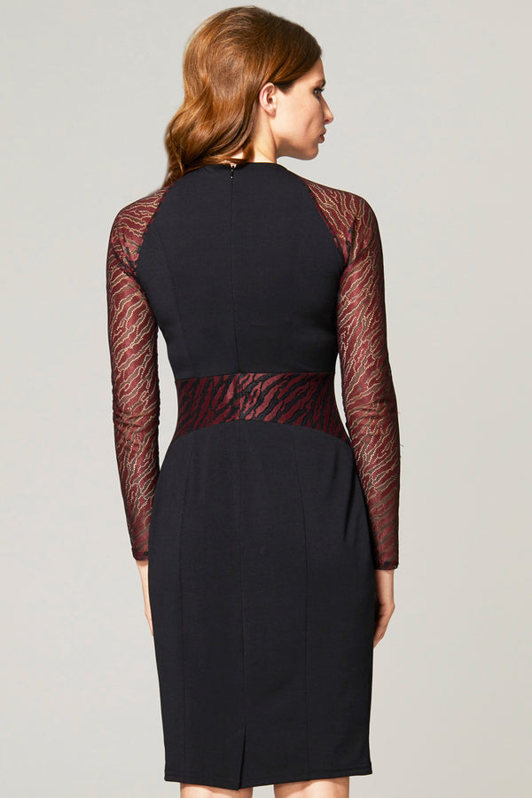 Hot Squash Lace Sleeve Keyhole Detail Dress Black And Burgundy