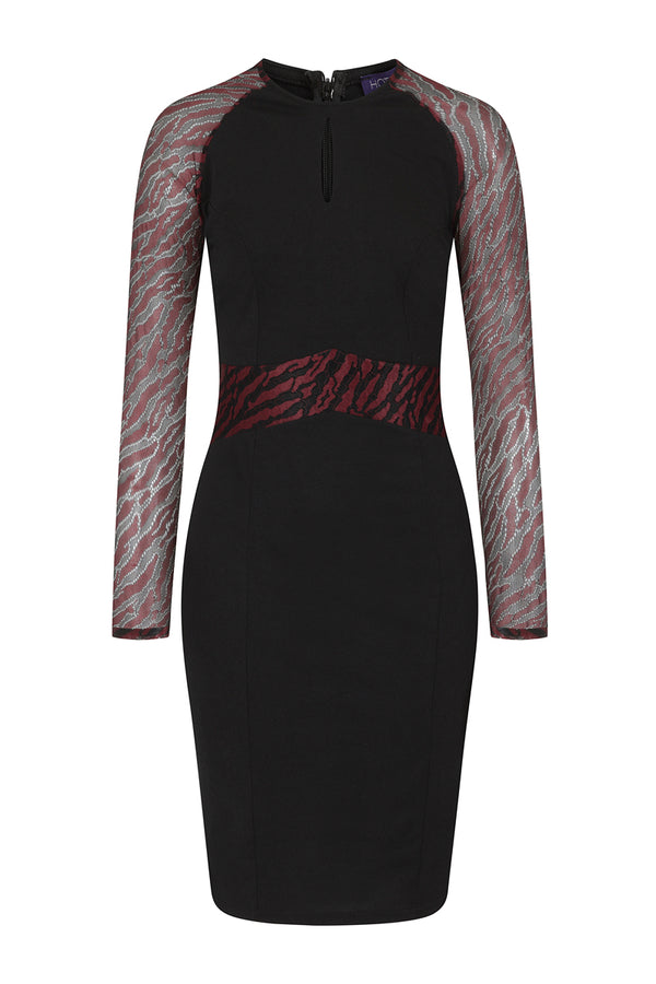 Hot Squash Lace Sleeve Keyhole Detail Dress Black And Burgundy