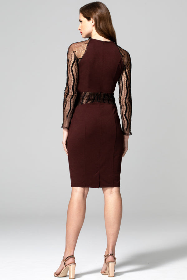 Hot Squash Lace Sleeve Keyhole Detail Dress Chocolate
