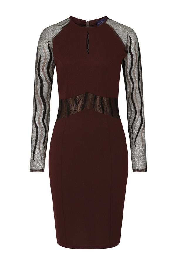 Hot Squash Lace Sleeve Keyhole Detail Dress Chocolate