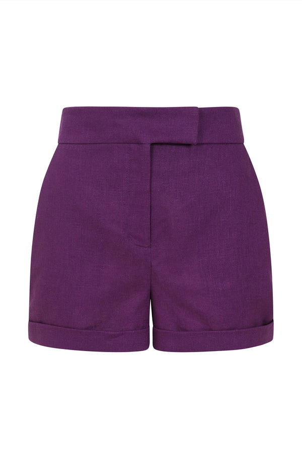 Hot Squash Linen Tailored Shorts With Pocket Purple