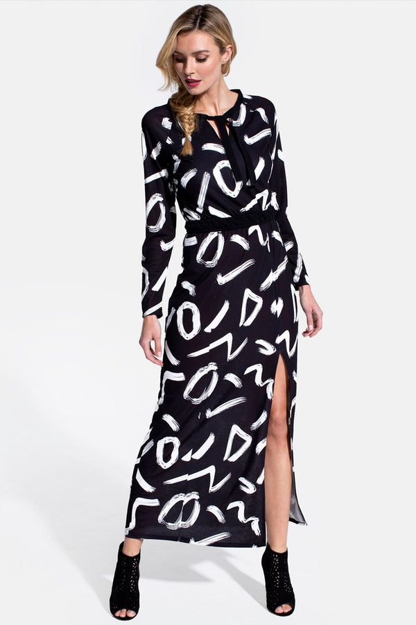Hot Squash Long Sleeve Maxi Dress With Neck Tie Black Brush Strokes