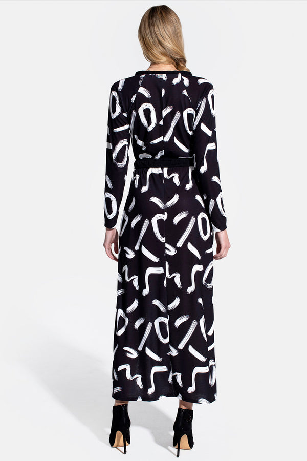 Hot Squash Long Sleeve Maxi Dress With Neck Tie Black Brush Strokes