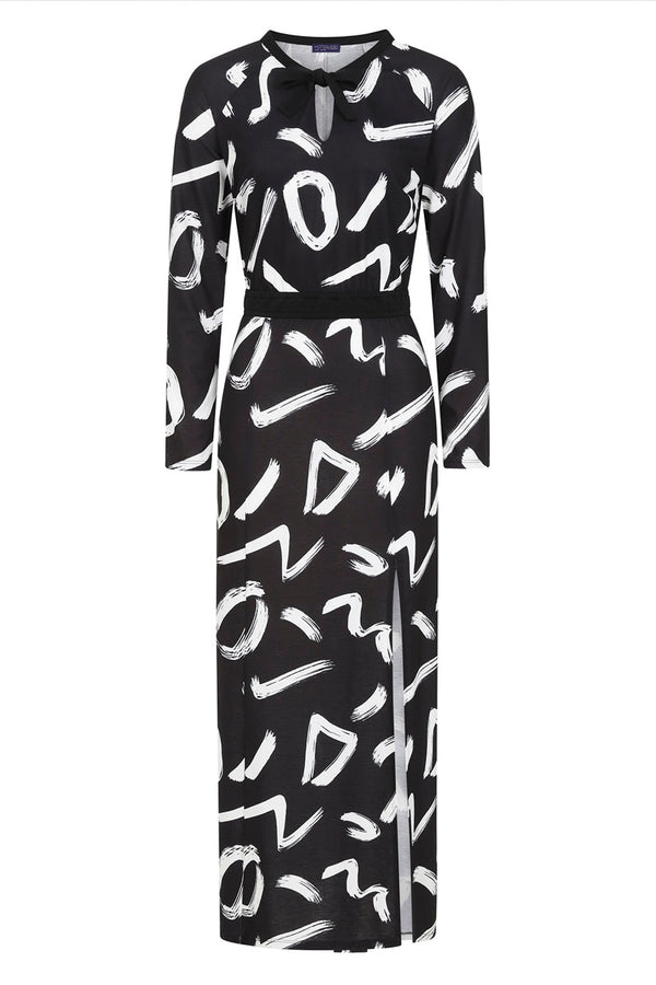 Hot Squash Long Sleeve Maxi Dress With Neck Tie Black Brush Strokes