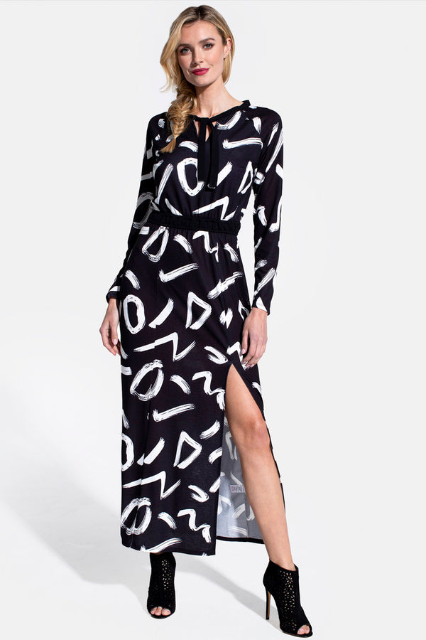 hot squash Long Sleeve Maxi Dress with Neck Tie Black Brush Strokes