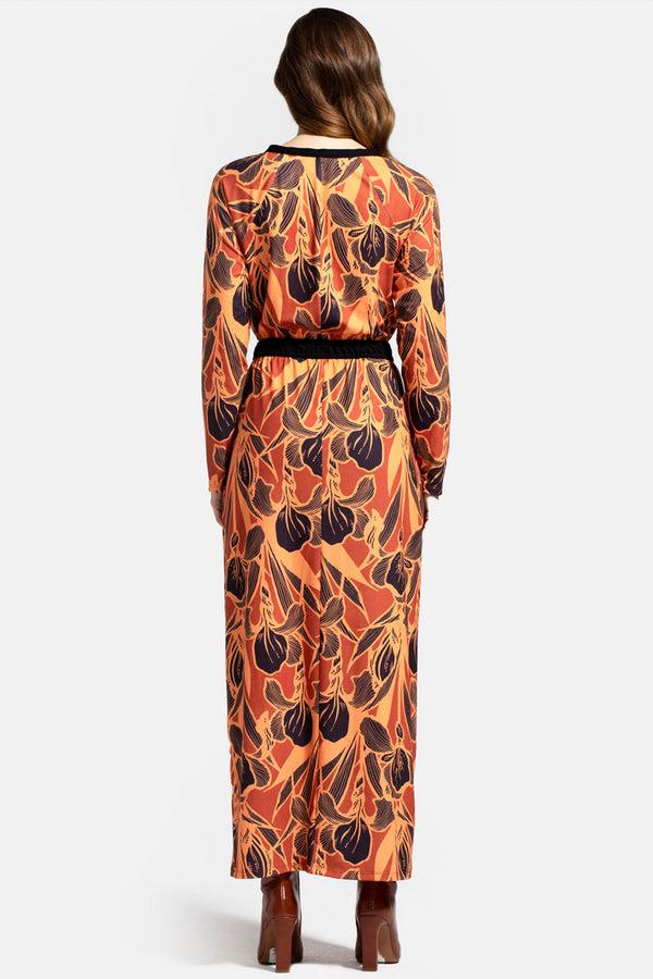 Hot Squash Long Sleeve Maxi Dress With Neck Tie Brown Floral