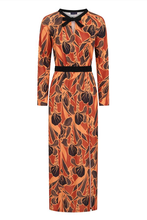 Hot Squash Long Sleeve Maxi Dress With Neck Tie Brown Floral