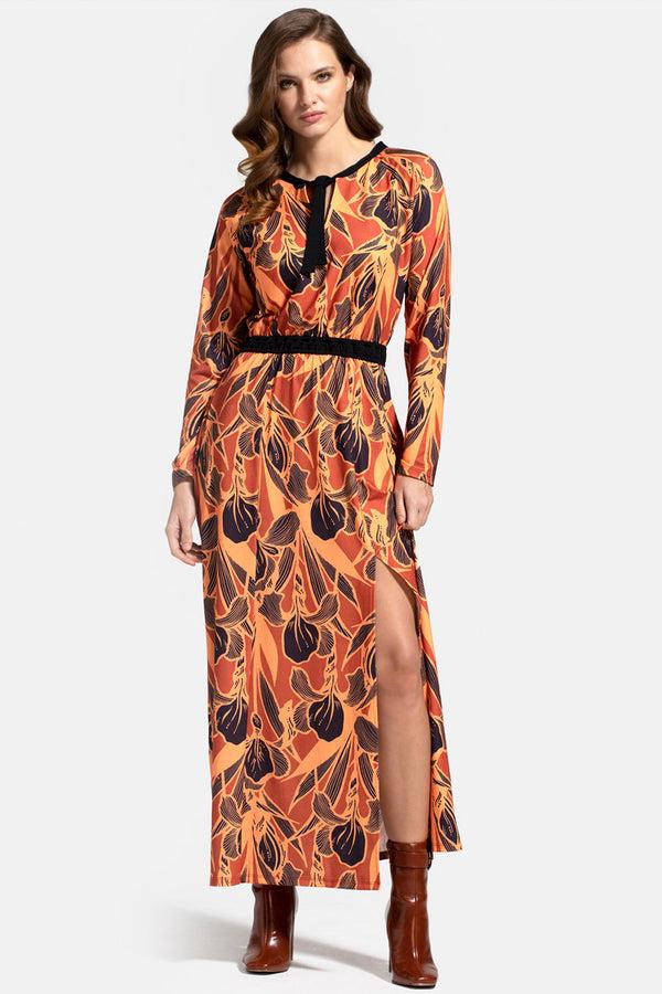 hot squash Long Sleeve Maxi Dress with Neck Tie Brown Floral
